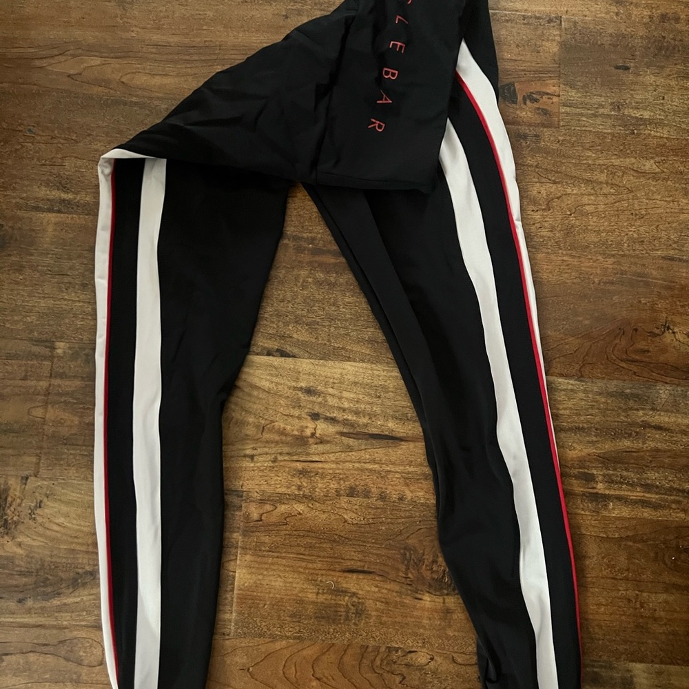 Cyclebar Black Leggings with Red and White Stripes